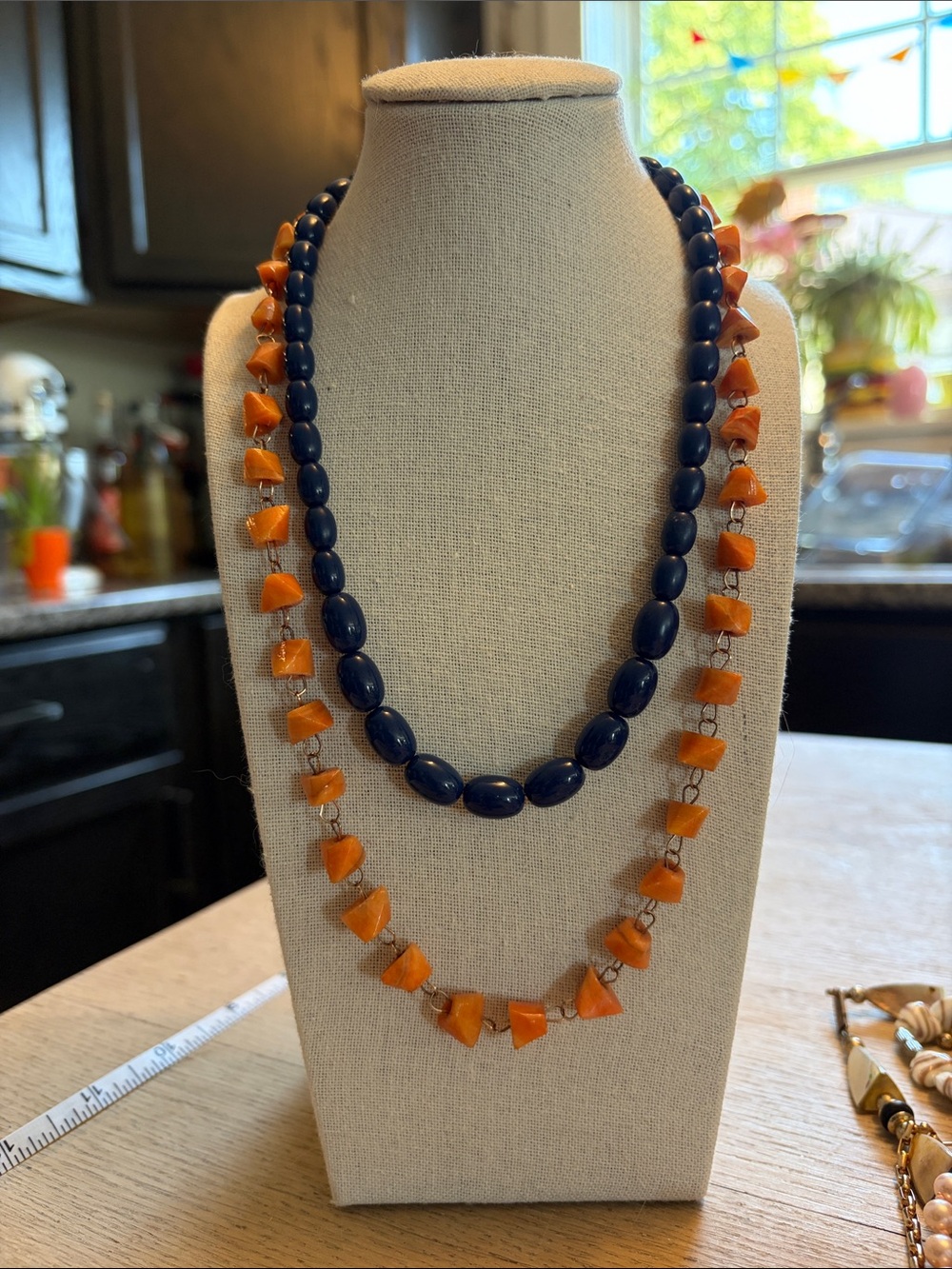 Handcrafted Navy and Orange Beaded Necklace Set